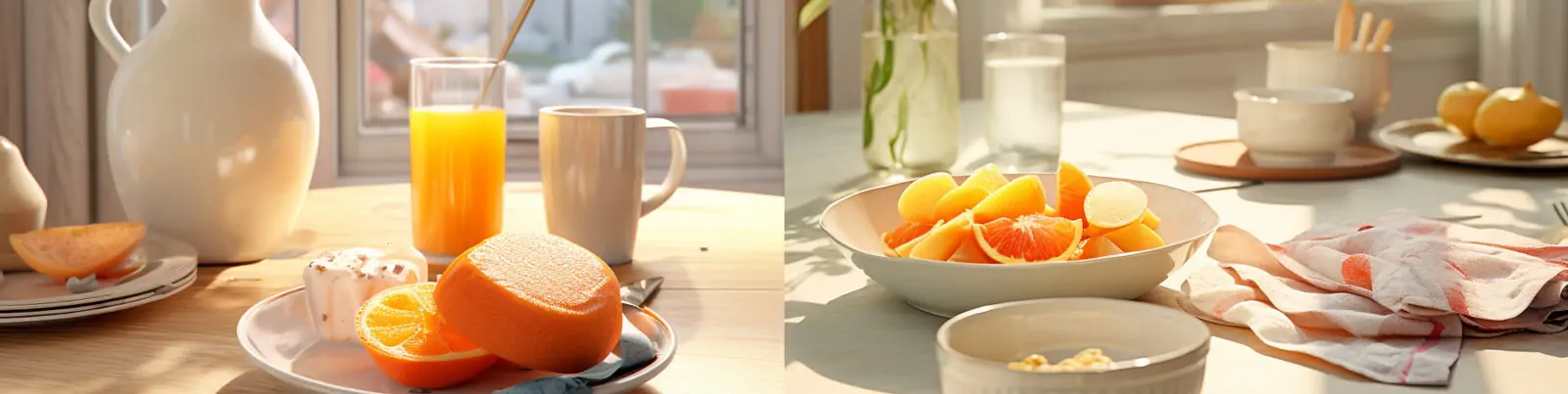 温馨梦幻柔和日光厨房营养早餐水果牛奶场景艺术空间摄影海报Midjourney关键词咒语