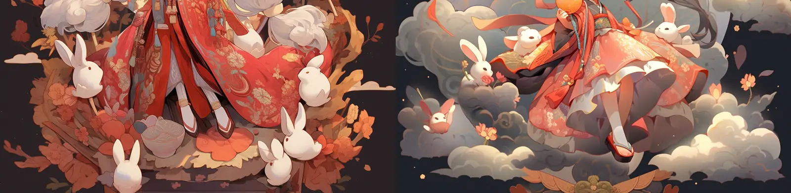 中国风古典古装汉服女孩中秋节月亮玉兔迪士尼卡通人物插图海报midjourney关键词咒语分享