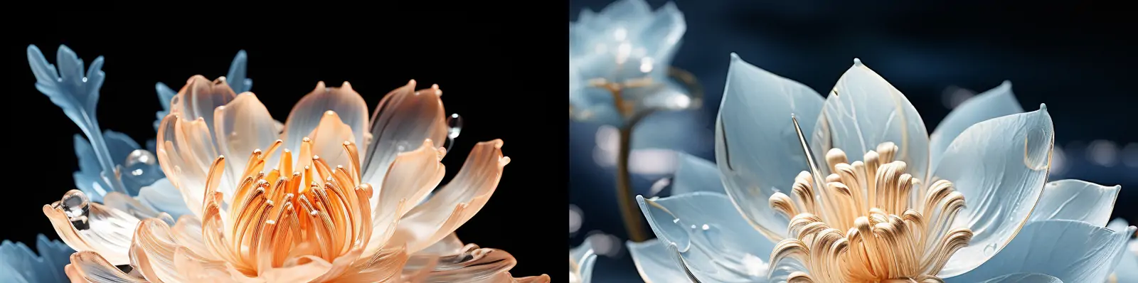 创意3D立体洛可可风格水面上冰莲花玻璃透明静物鲜花模型特写midjourney关键词咒语分享