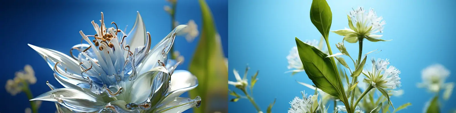 3D立体概念艺术透明水晶玻璃花瓣鲜花植物自然景观摄影海报Midjourney关键词咒语分享