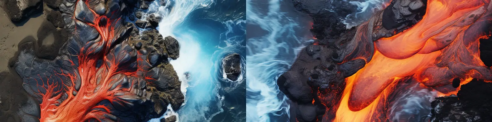 创意逼真熔岩流入大海汇合卫星高清摄影俯视图自然海报背景Midjourney关键词咒语分享