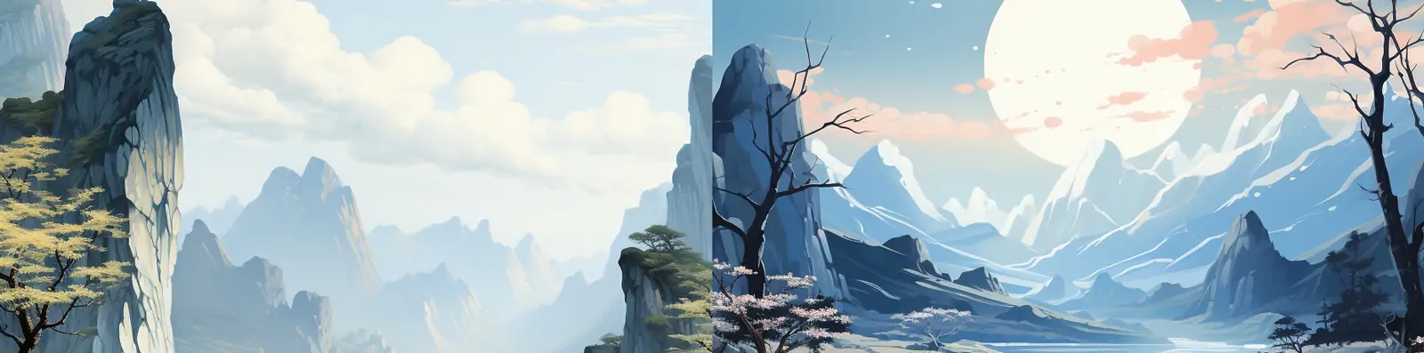 手绘极简主义中国风自然山水风景山脉河流景观插图绘画海报Midjourney关键词咒语分享