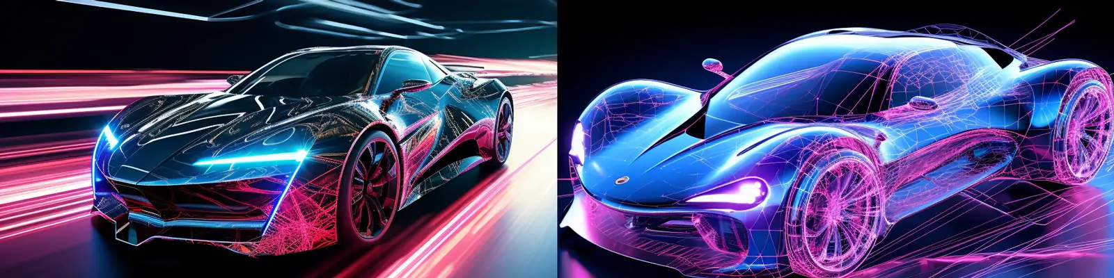 未来科技动感光效粉蓝色线框现代跑车全息赛博朋克汽车摄影海报Midjourney关键词咒语分享