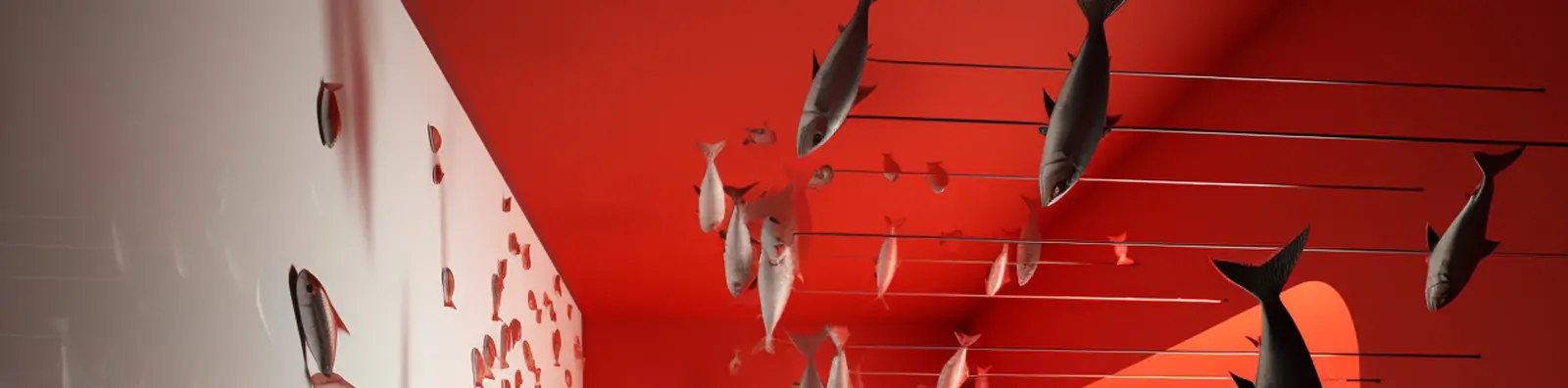 创意红色钓鱼舞台室内沙发金鱼艺术立体空间海报背景midjourney关键词咒语