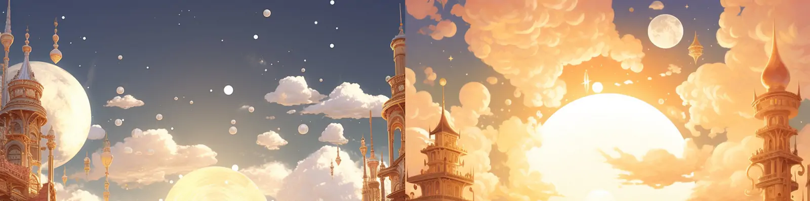 梦幻空灵动漫童话世界云端古老建筑阁楼月亮小镇场景艺术插图海报midjourney关键词咒语分享