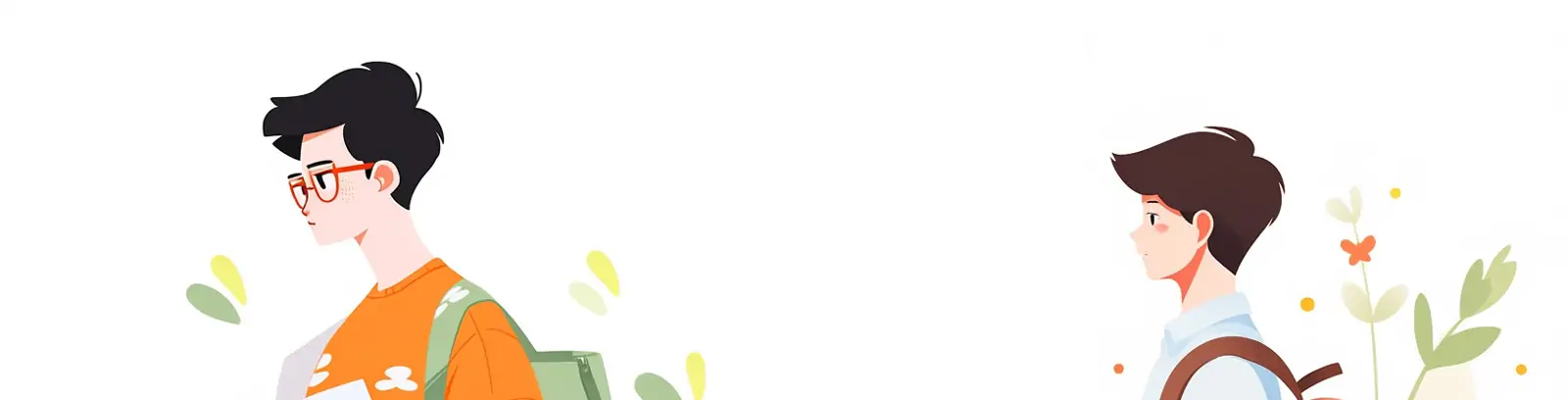 手绘极简主义可爱卡通男孩背包走路读书特写艺术平面矢量插图midjourney关键词咒语分享