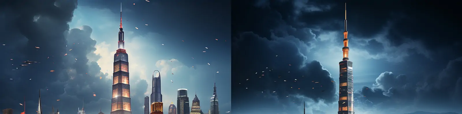 超现实主义中国摩天大楼城市建筑夜晚夜景广角艺术摄影海报midjourney关键词咒语分享