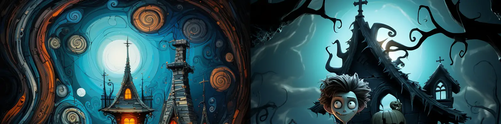 创意万圣节神秘夜晚恐怖幽灵建筑房子装饰场景插图海报midjourney关键词咒语