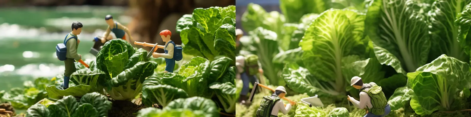 创意微型景观田园河边采摘白菜卷心菜迷你人物场景特写艺术海报Midjourney关键词咒语