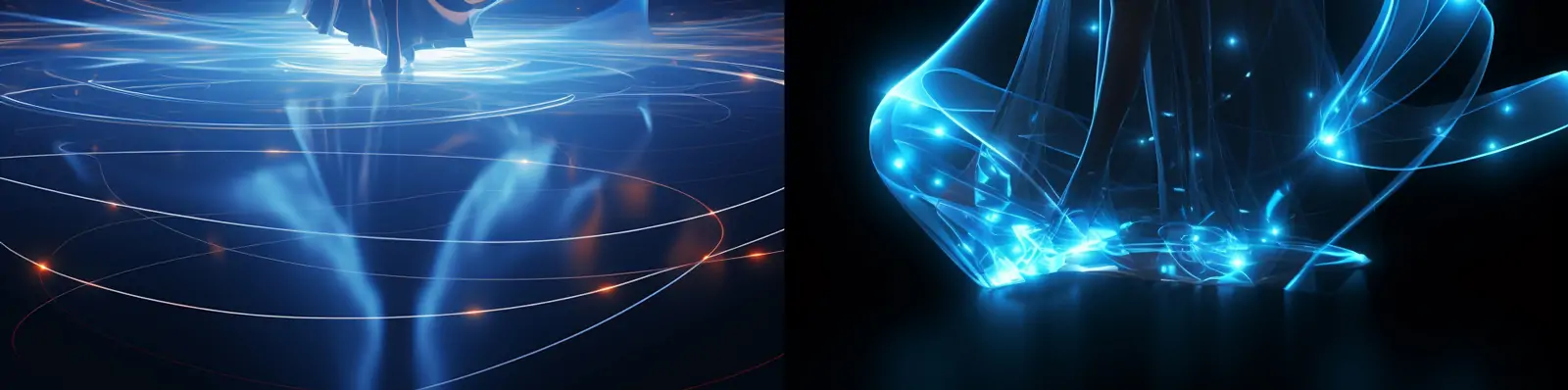 创意科技感蓝色光效女孩流动线条服装长裙矢量平面插图海报Midjourney关键词咒语分享