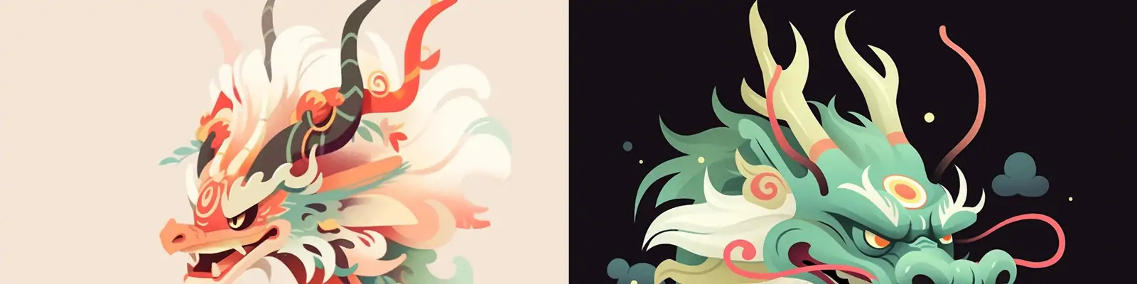 手绘可爱卡通彩色中国龙动物侧面肖像平面插图绘画Midjourney关键词咒语分享