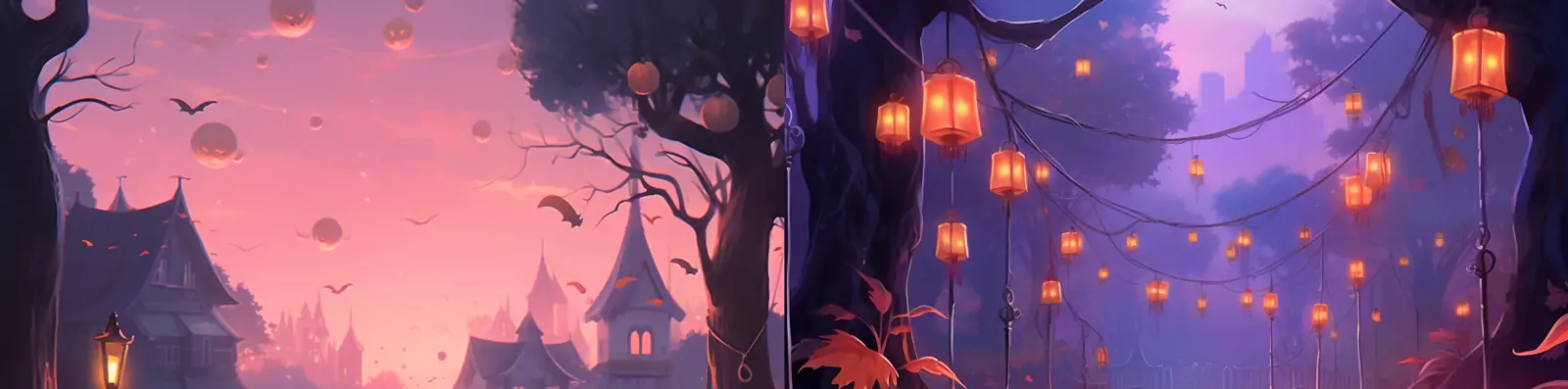 神秘紫色氛围动漫美学万圣节南瓜灯女巫神奇灯光艺术场景海报背景midjourney关键词咒语分享