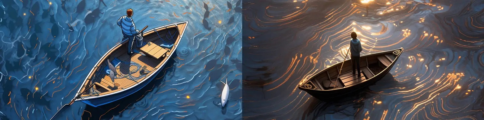 现实主义概念装置波浪水波渔夫划船捕鱼海面波普艺术图案摄影midjourney关键词咒语