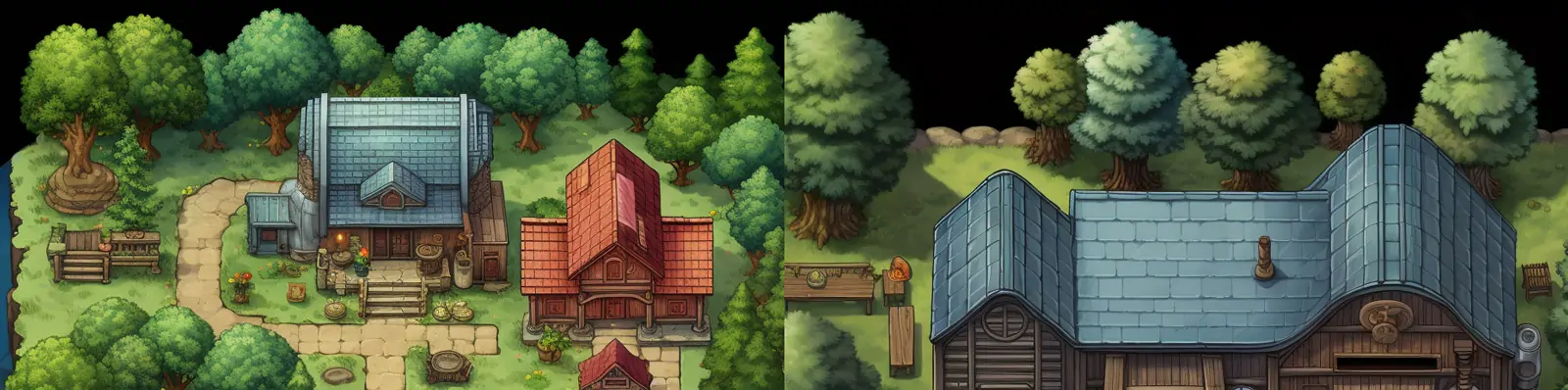 原始游戏场景自然村庄部落房屋建筑鸟瞰图景观艺术插图绘画海报Midjourney关键词咒语分享