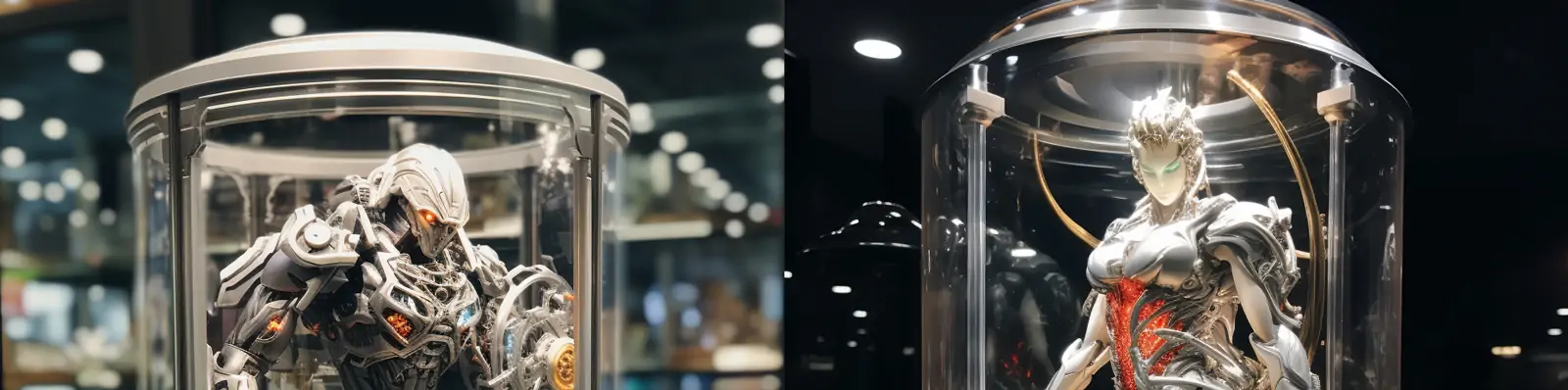 创意科技感动漫机甲机器人玻璃盒子金属人物模型Midjourney关键词咒语分享