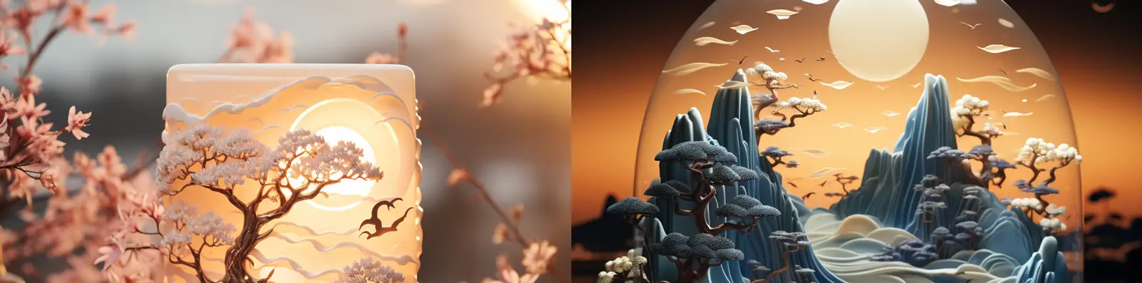 创意中国风山水自然风景艺术装饰有机奶油树脂逼真工艺品雕塑模型midjourney关键词咒语