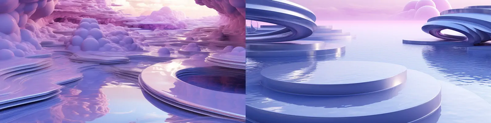 未来主义3D立体紫色云朵旋转楼梯概念艺术梦幻空间海报背景Midjourney关键词咒语分享