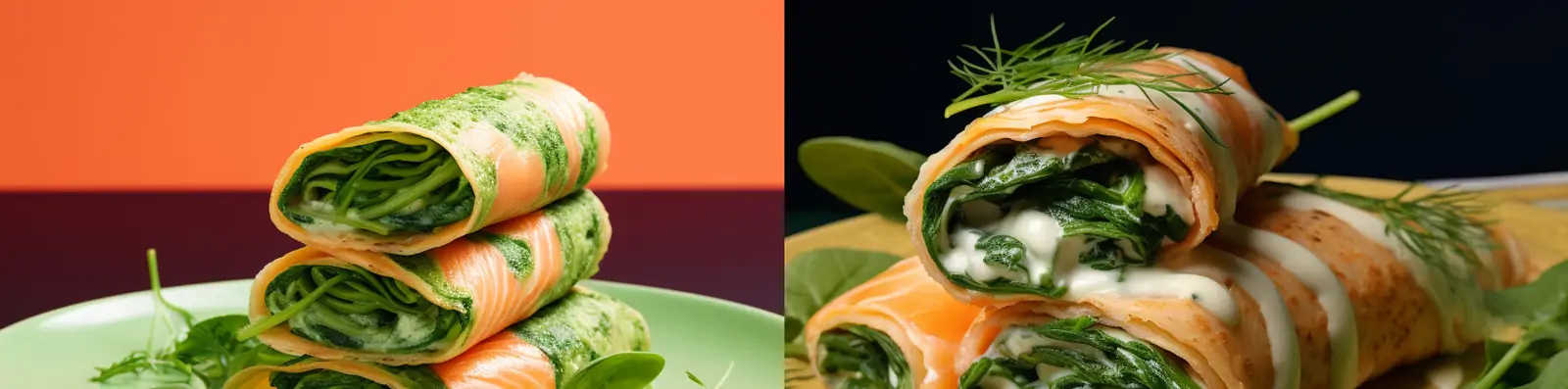 创意美食菠菜卷煎饼配三文鱼奶油搭配艺术摄影特写海报Midjourney关键词咒语分享