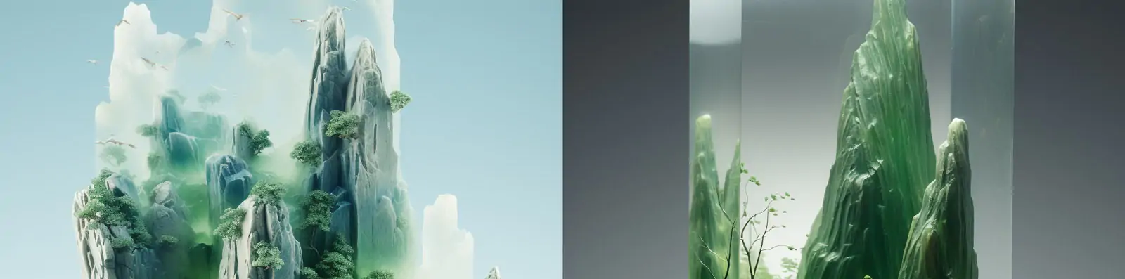 极简主义中国风立体山水风景玻璃石头雕塑工艺品摆件模型Midjourney关键词咒语分享