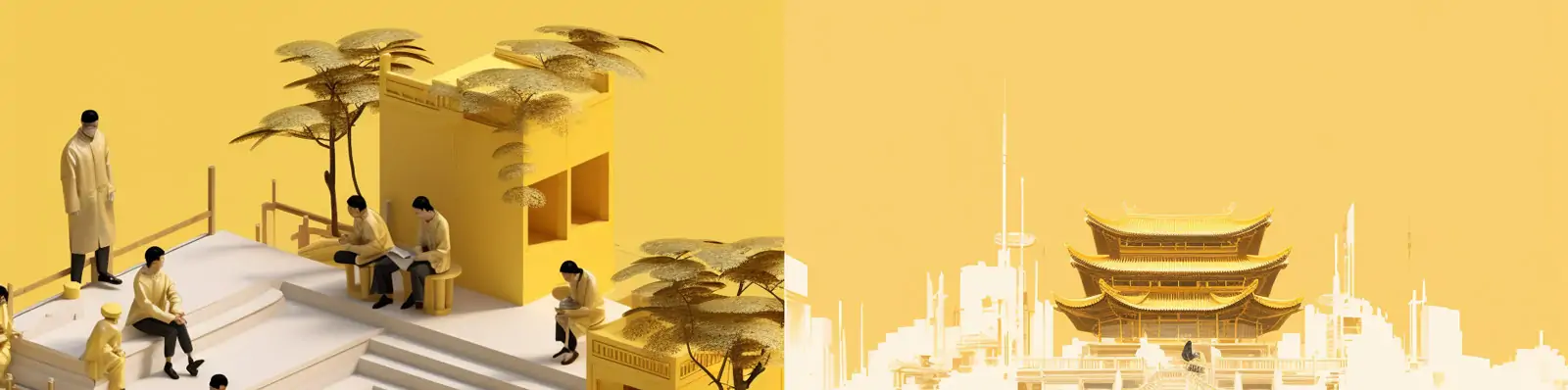 超现实中国风极简主义立体舞台场景空间人物建筑海报Midjourney关键词咒语分享