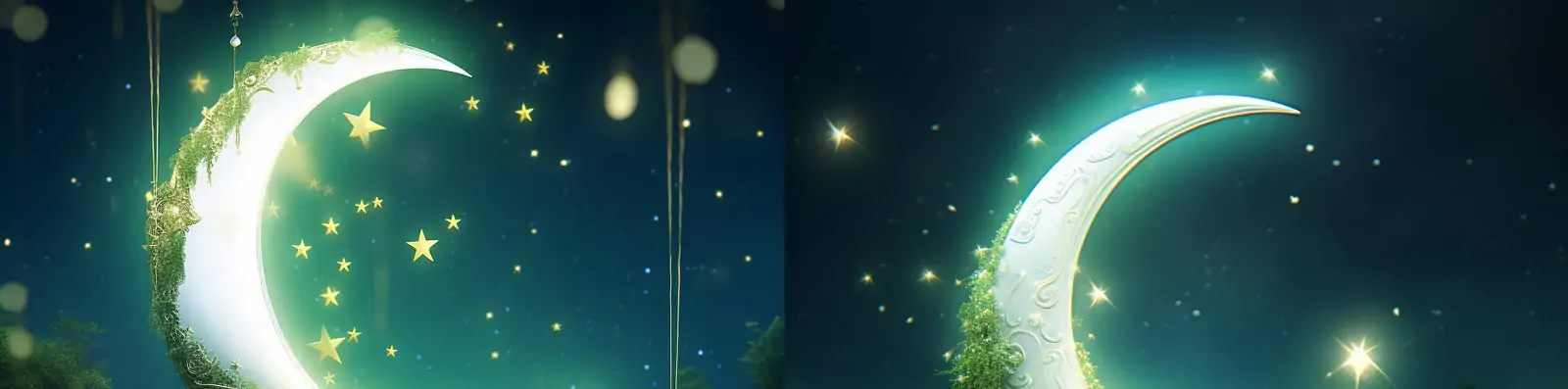 可爱梦幻神秘绿色森林发光霓虹灯树木星星月亮艺术摄影海报背景Midjourney关键词咒语