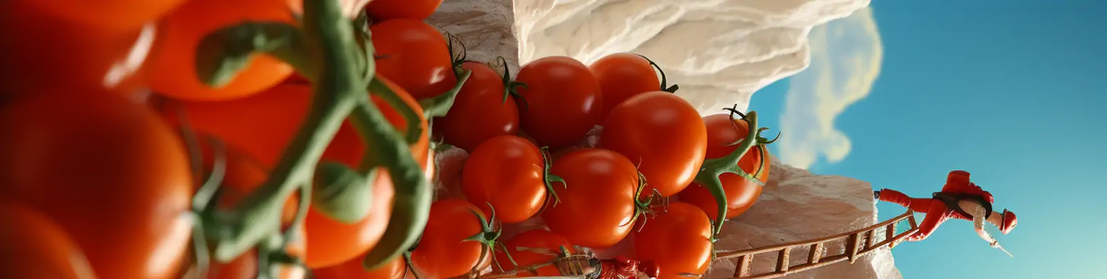 创意时尚超现实主义迷你微观逼真番茄西红柿人物雕像模型摄影海报midjourney关键词咒语