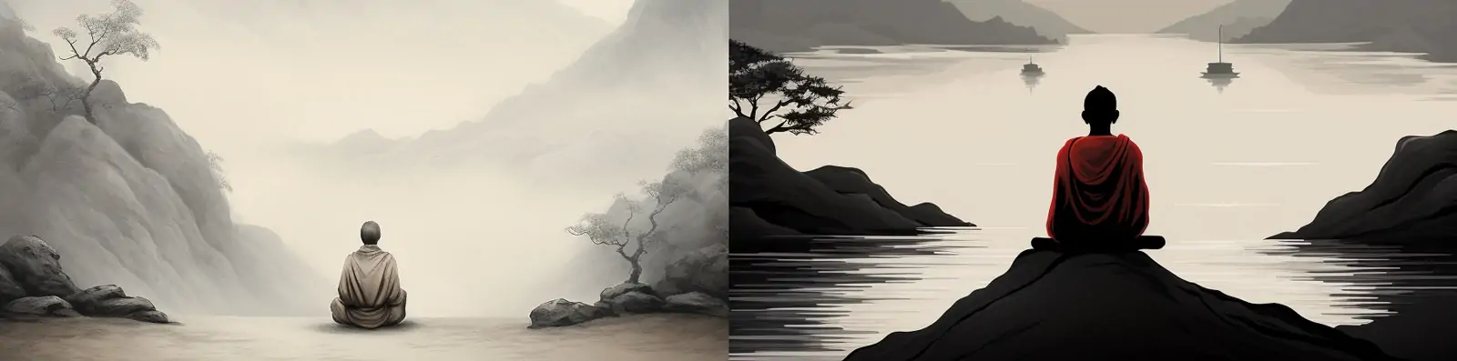 中国风极简主义优雅流动山水禅意水墨画小和尚背影空间海报背景Midjourney关键词咒语