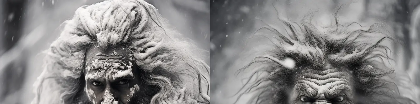 创意黑白国家地理史诗般暴风雪森林人物怪兽艺术摄影海报Midjourney关键词咒语分享