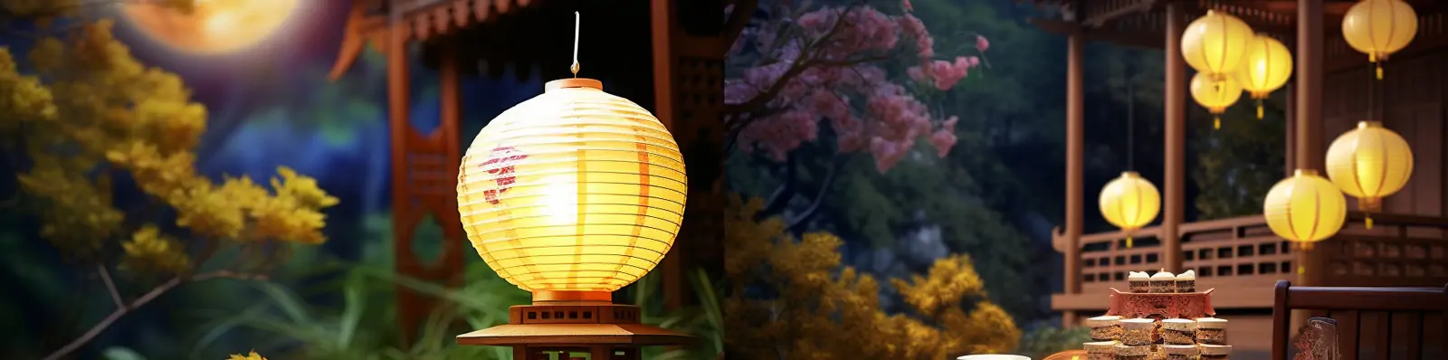 传统中国风庭院凉亭中秋节月亮灯笼月饼展示海报设计素材midjourney关键词咒语