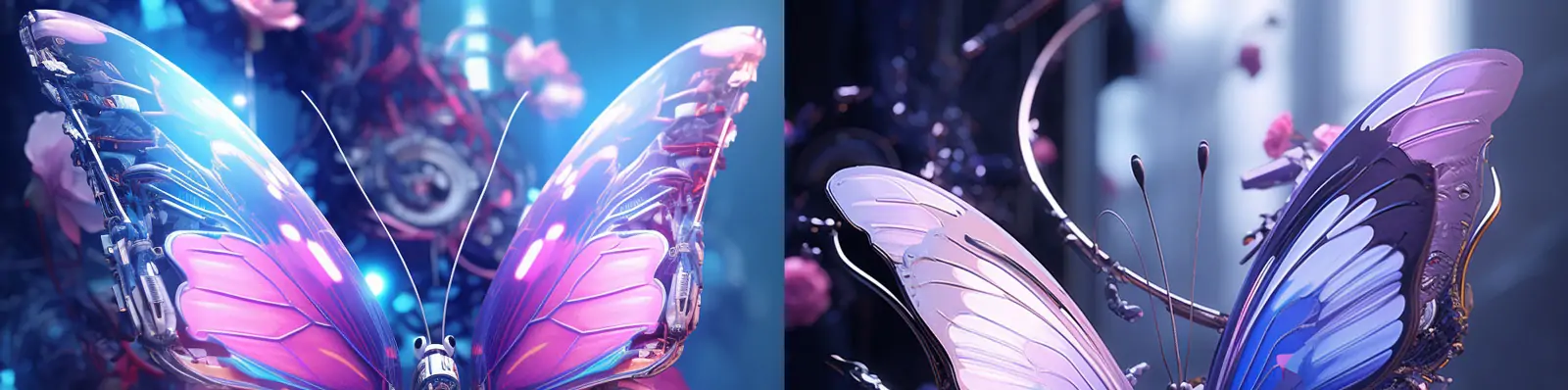 创意抽象艺术赛博朋克机械工业化紫色梦幻蝴蝶立体模型Midjourney关键词咒语分享