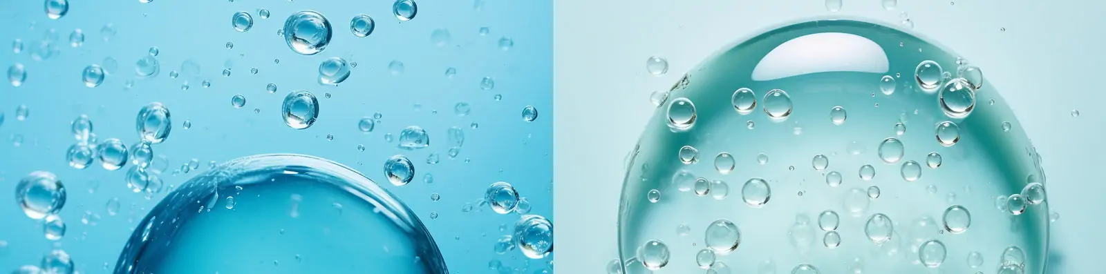 蓝色透明水滴气泡玻璃质地实验容器化妆品海报背景Midjourney关键词咒语分享