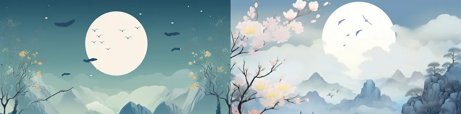 传统手绘中国风中秋节月亮鲜花山水海报设计素材midjourney关键词咒语