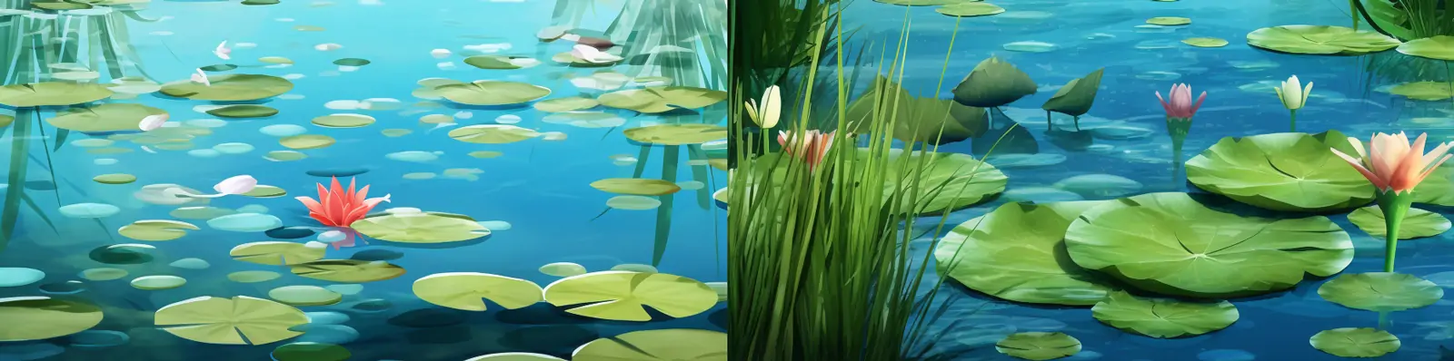 手绘绿色自然水池荷花池塘自然风景逼真景观艺术插图海报Midjourney关键词咒语分享