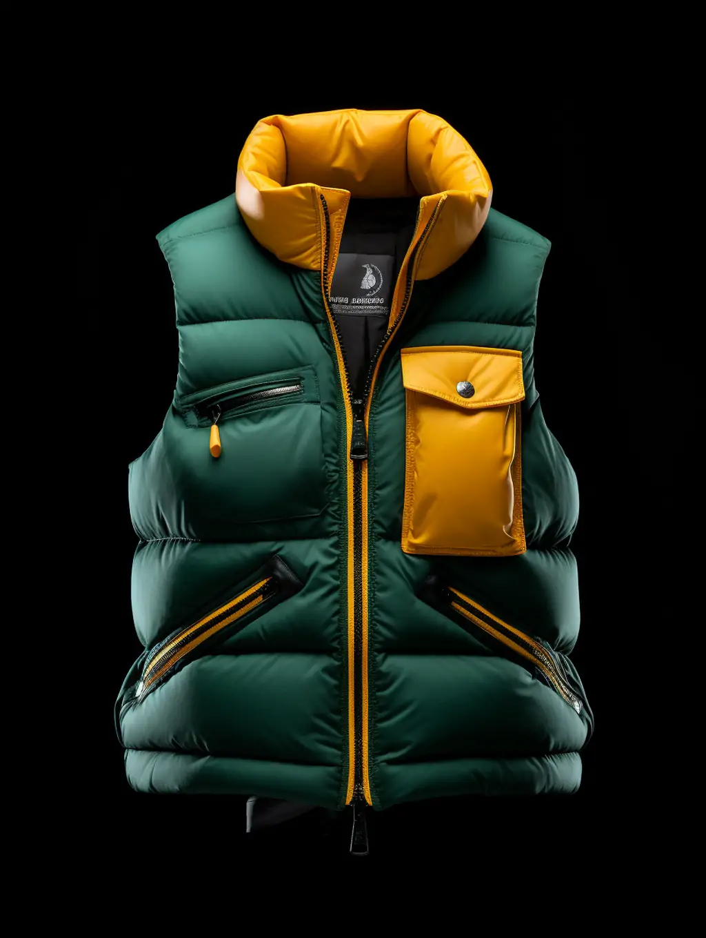 男士绿色羽绒服背心马甲正面人物模特电商产品展示摄影广告海报Midjourney关键词咒语分享-Ai宇宙吧-