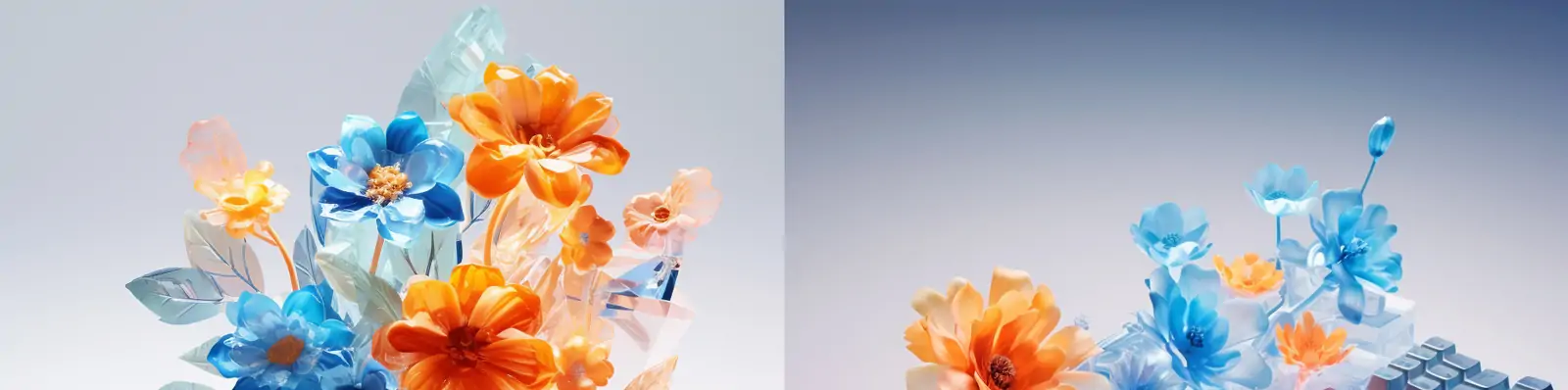 创意3D立体精致万物生花美丽玻璃鲜花彩色渐变半透明键盘模型等距视图midjourney关键词咒语