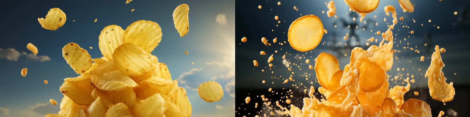 创意黄色黄油薯片堆叠爆炸商业广告产品食品艺术摄影海报midjourney关键词咒语