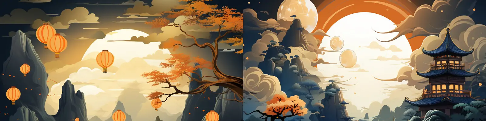 传统楼阁庭院中秋节月亮灯笼海报设计素材midjourney关键词咒语
