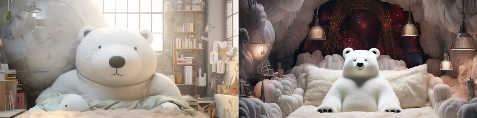 可爱卡通风格未来主义流行音乐白熊梦幻公主房床品空间海报Midjourney关键词咒语