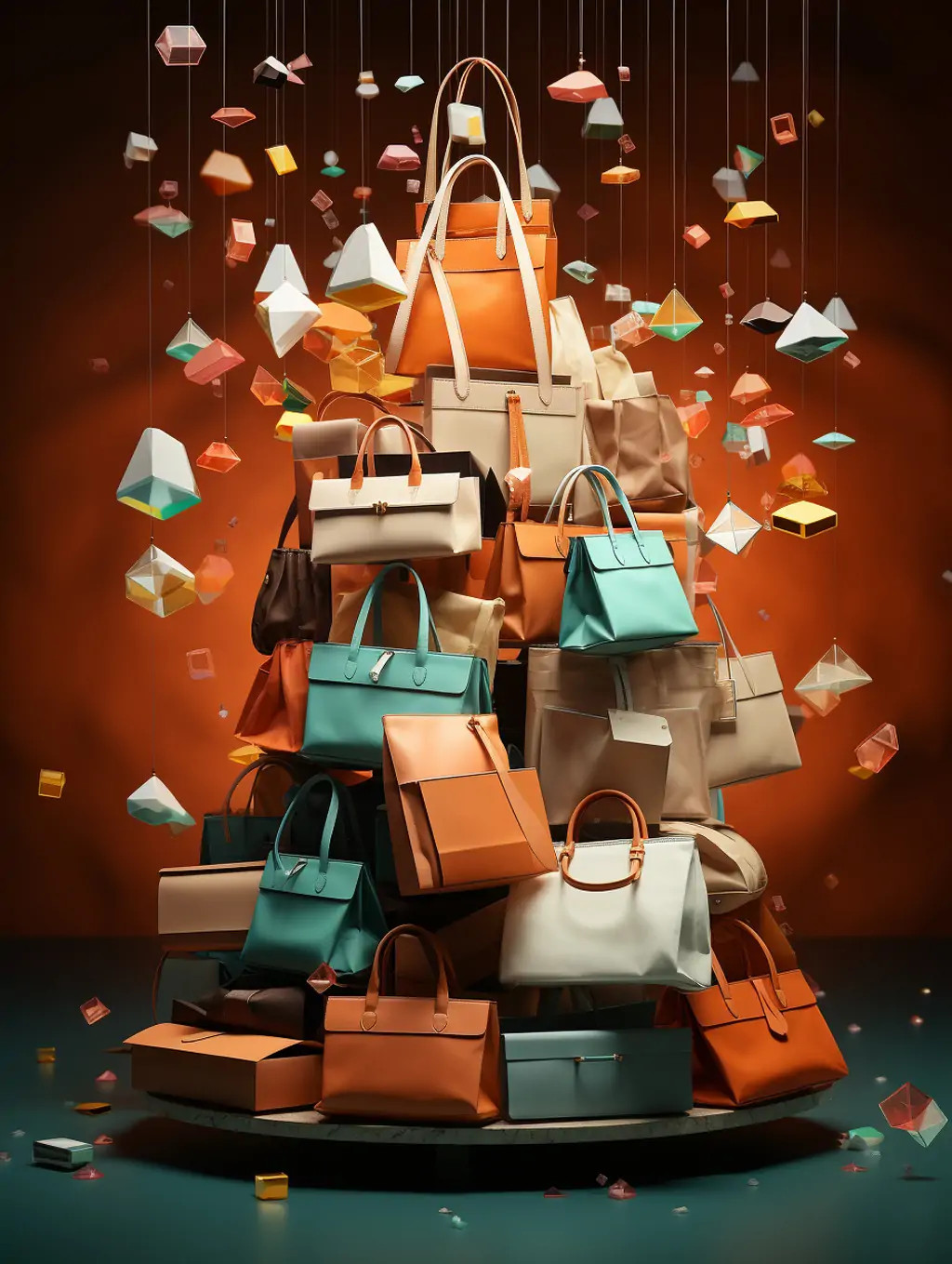 创意网上购物电商订单送货促销手提袋堆叠概念艺术广告海报midjourney关键词咒语分享 - Ai宇宙吧--Ai宇宙吧-