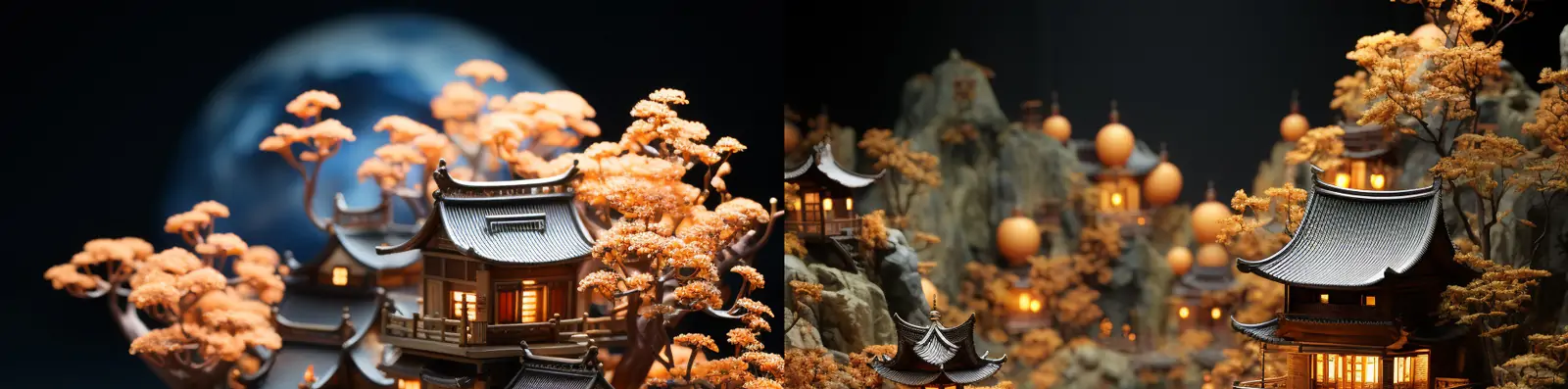 传统中秋节楼阁庭院微缩景观模型移轴镜头月亮灯笼海报设计素材midjourney关键词咒语