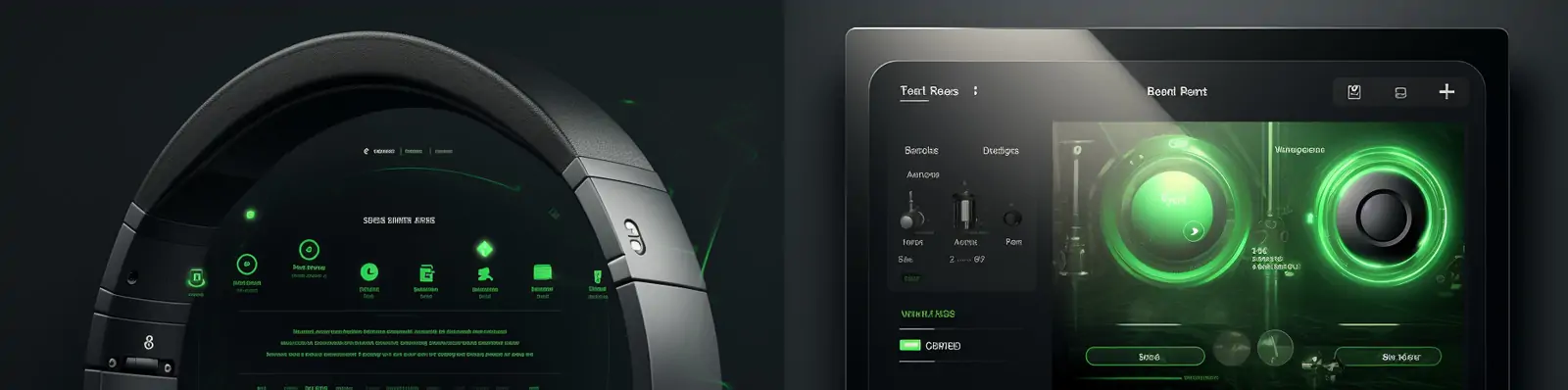 科技感黑色绿色音乐耳机APP应用程序UI界面展示海报Midjourney关键词咒语