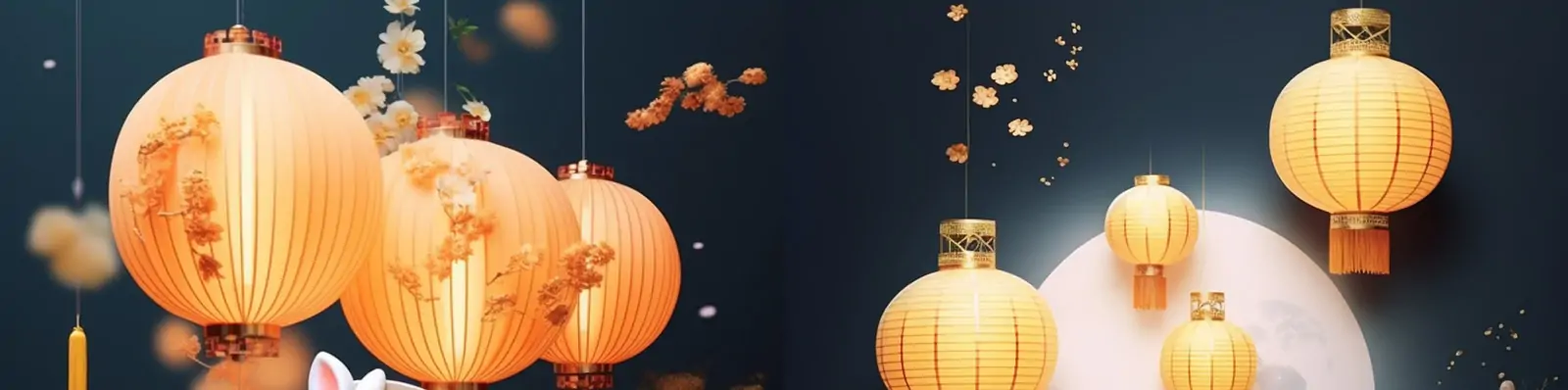 中国风传统节日中秋节月亮灯笼玉兔月饼桂花电商产品广告海报背景Midjourney关键词咒语