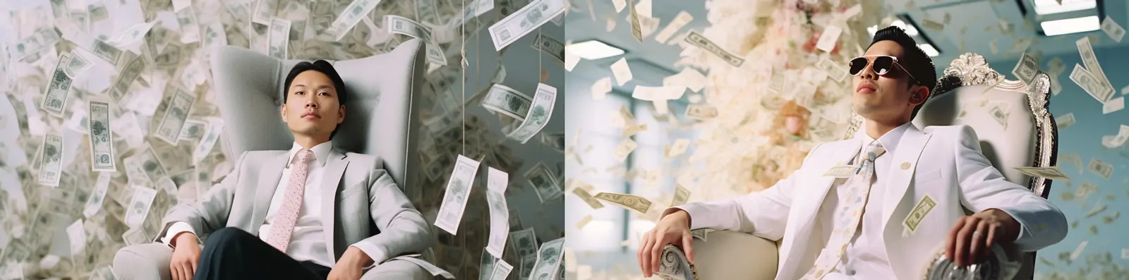 创意自然主义白色西装男士人物纸币飞扬电影场景画面摄影海报midjourney关键词咒语