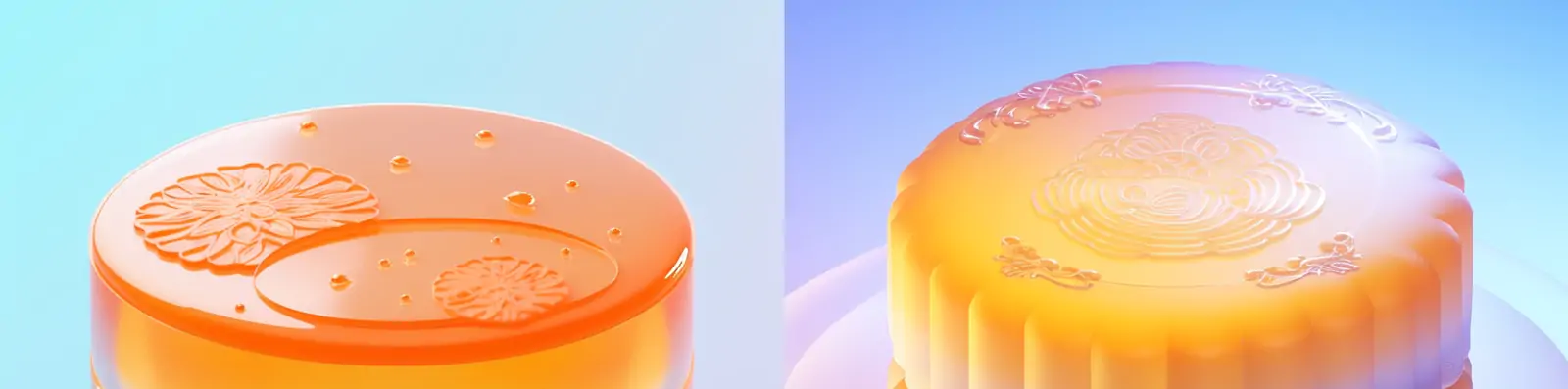 3D立体渐变半透明塑料玻璃中秋节流心月饼等距视图模型midjourney关键词咒语