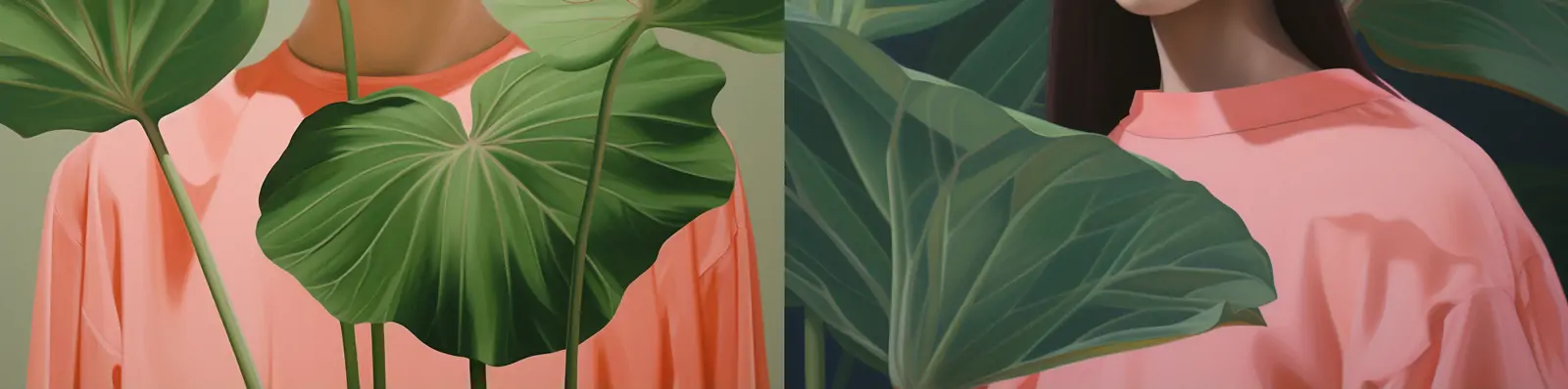 创意极简主义女孩模特人物荷叶绿色植物背景板艺术摄影海报midjourney关键词咒语