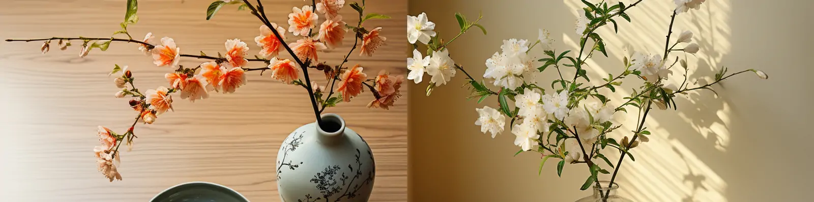 极简主义日式客厅角落木桌暖色调陶瓷花瓶静物艺术摄影拍摄海报midjourney关键词咒语分享