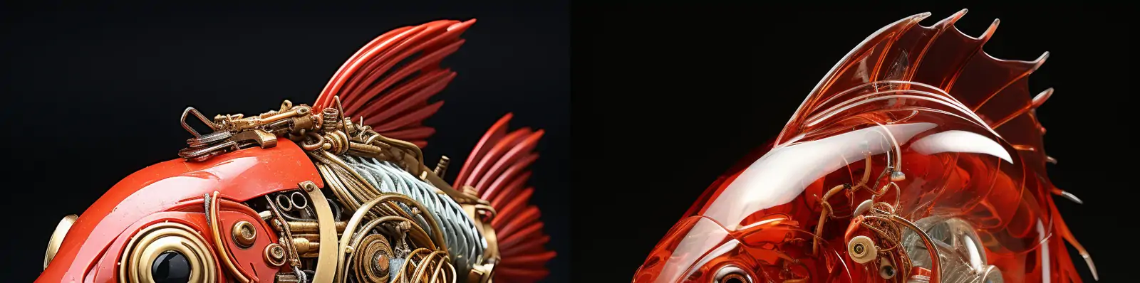 创意逼真立体红色透明塑料金属红线鱼金鱼雕塑机械模型工艺品midjourney关键词咒语分享