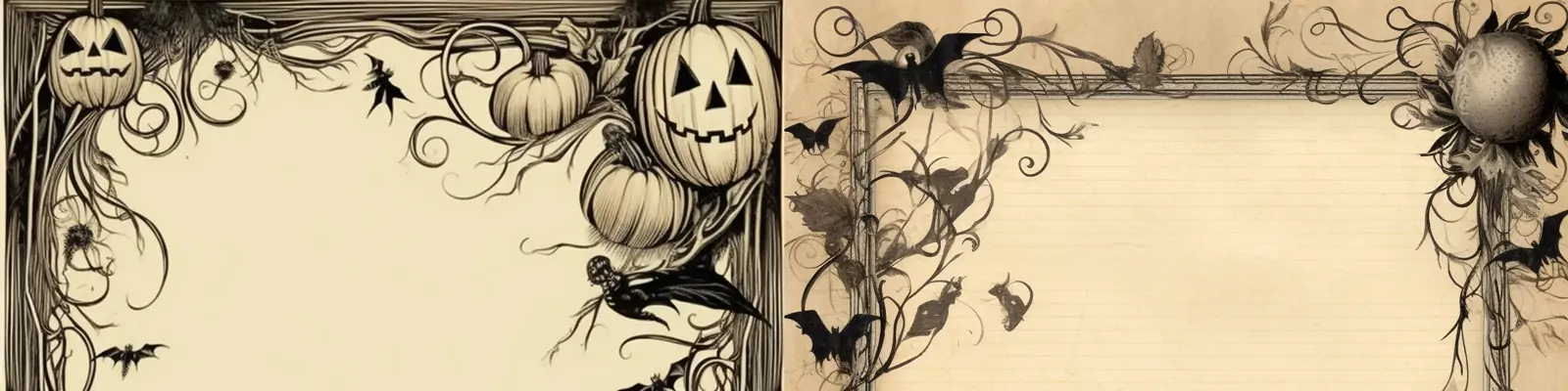 手绘复古万圣节南瓜灯藤蔓蝙蝠元素图案信纸插图海报背景midjourney关键词咒语分享
