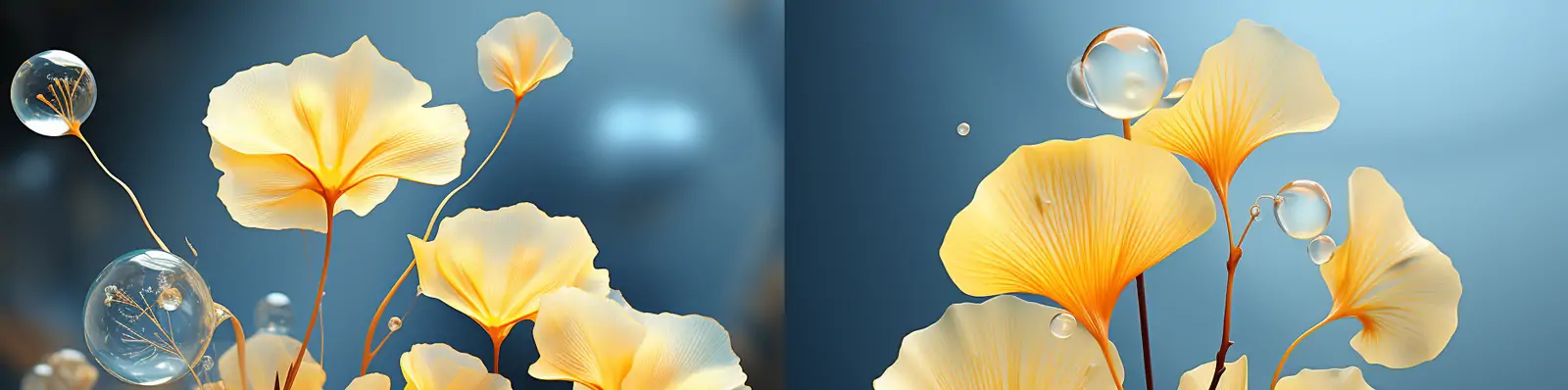 3D立体秋天黄色银杏叶树叶透明水滴气泡植物艺术摄影海报midjourney关键词咒语