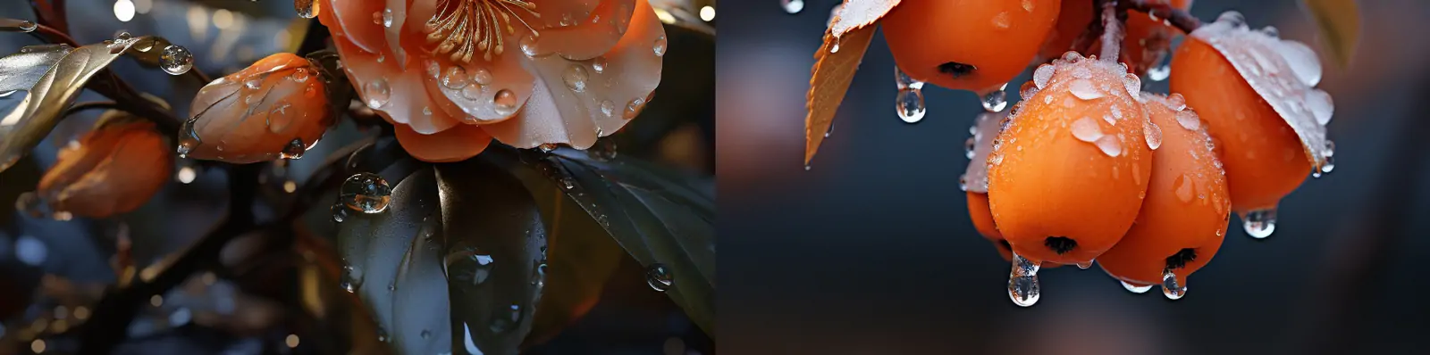 中国风24节气秋天霜降鲜花植物柿子秋叶透明冰晶水滴摄影海报midjourney关键词咒语分享